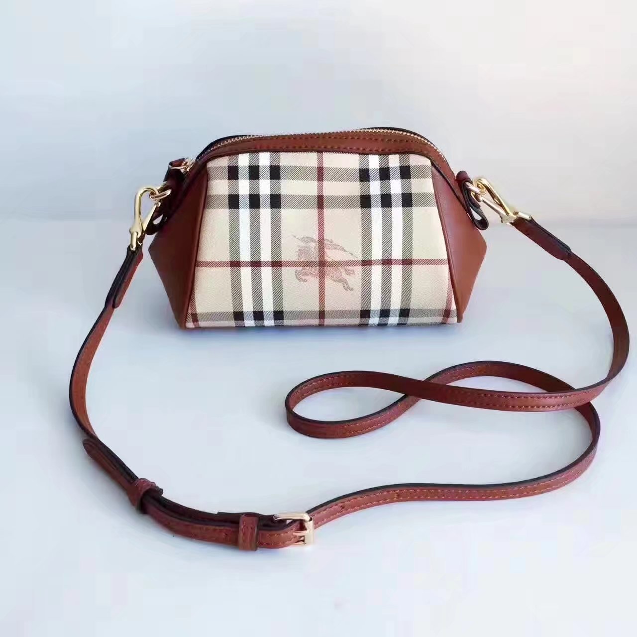 Burberry House Check and Leather Mini Women Shoulder Bag Brown