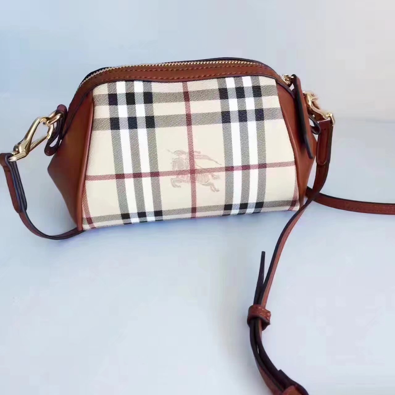 Burberry House Check and Leather Mini Women Shoulder Bag Brown