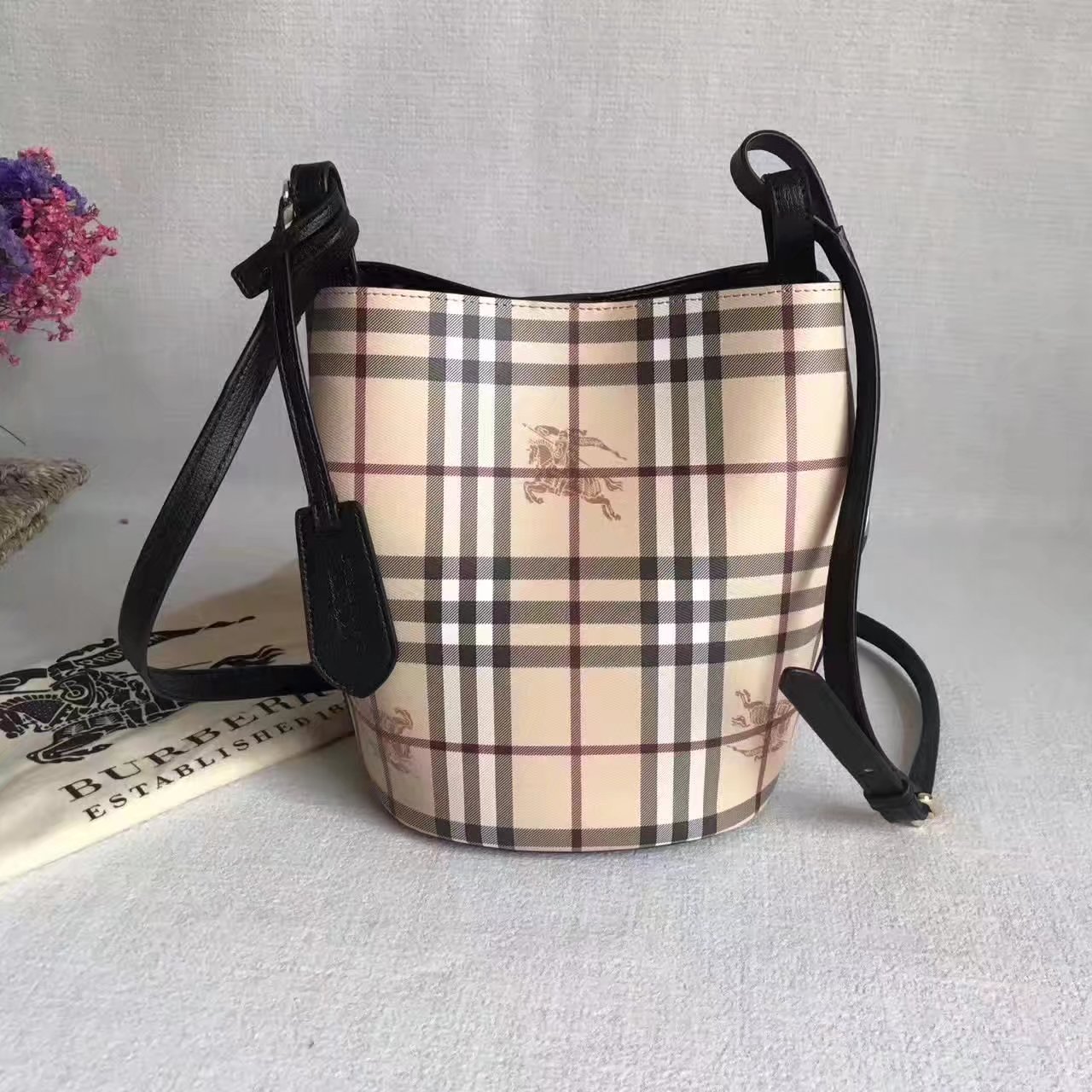 Burberry Leather and Haymarket Check Crossbody Bucket Bag Black