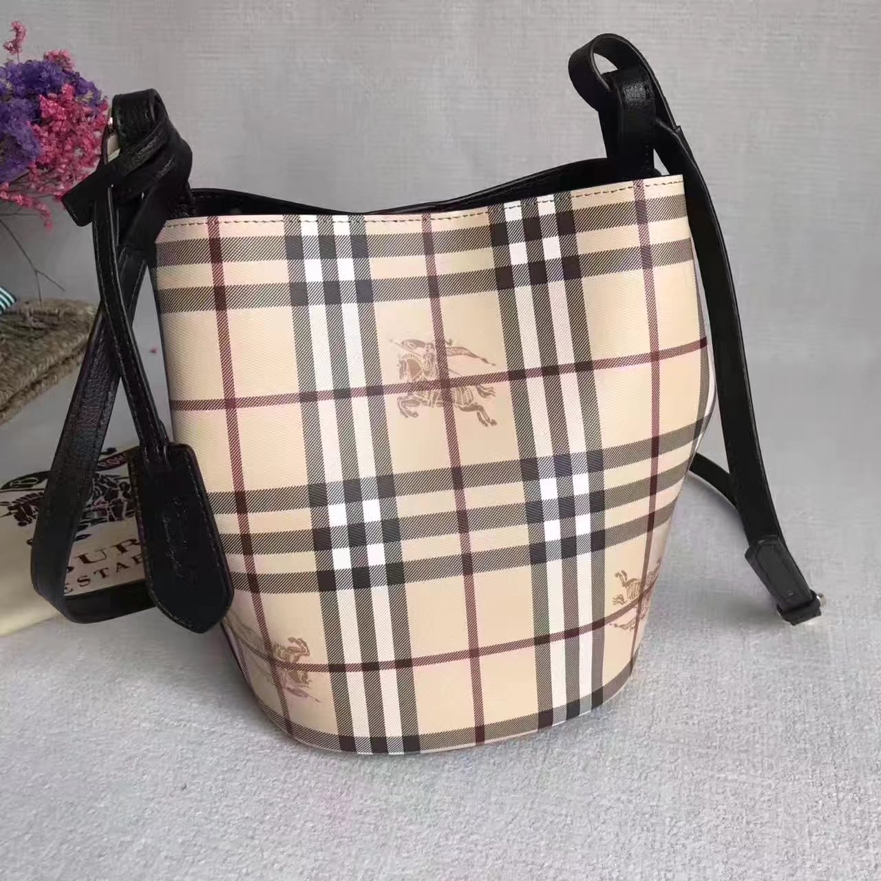 Burberry Leather and Haymarket Check Crossbody Bucket Bag Black