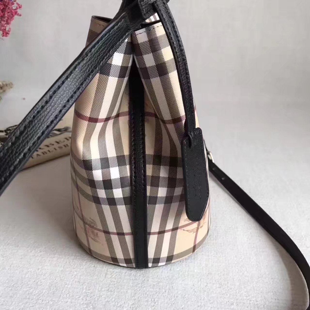 Burberry Leather and Haymarket Check Crossbody Bucket Bag Black