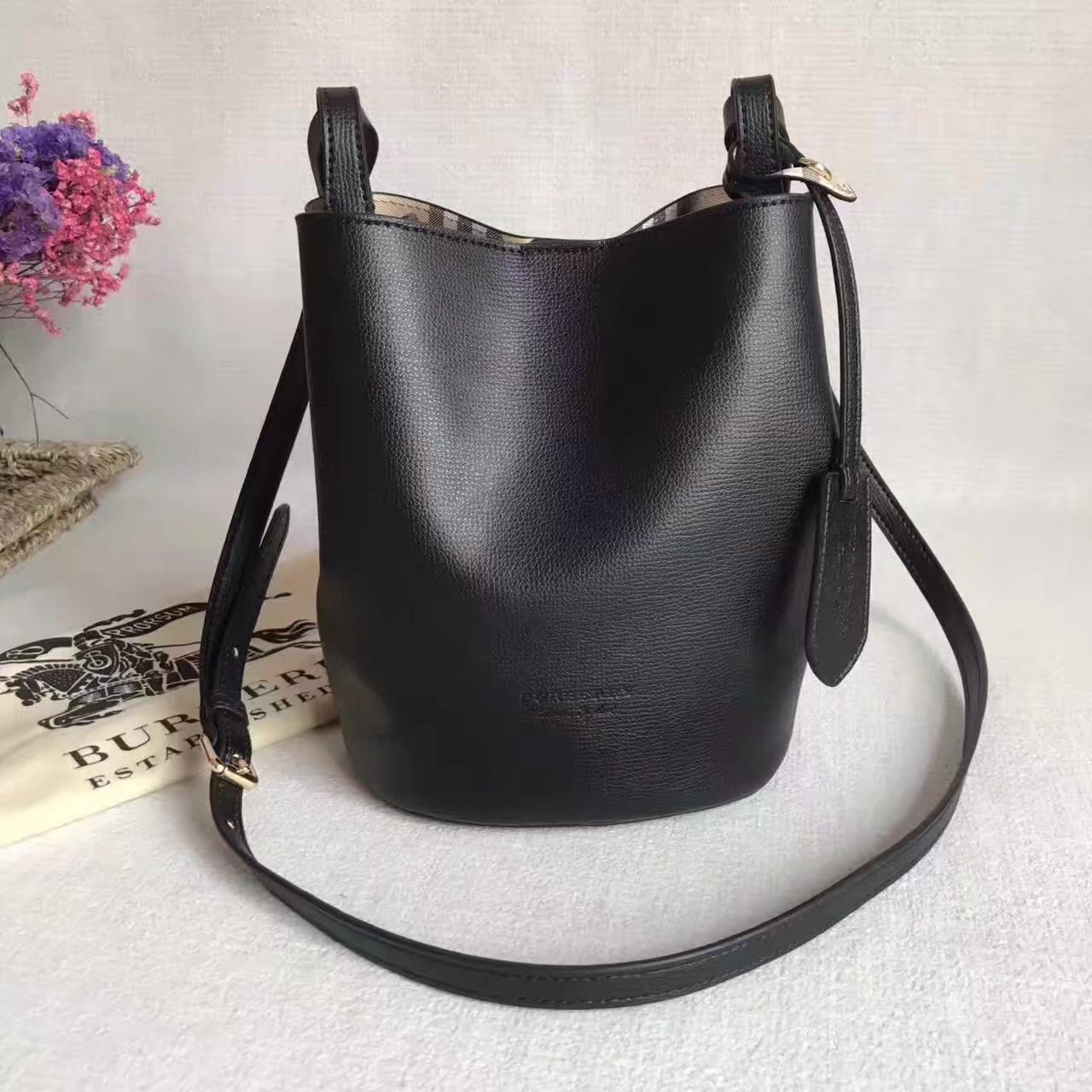 Burberry Leather and Haymarket Check Crossbody Bucket Bag Black