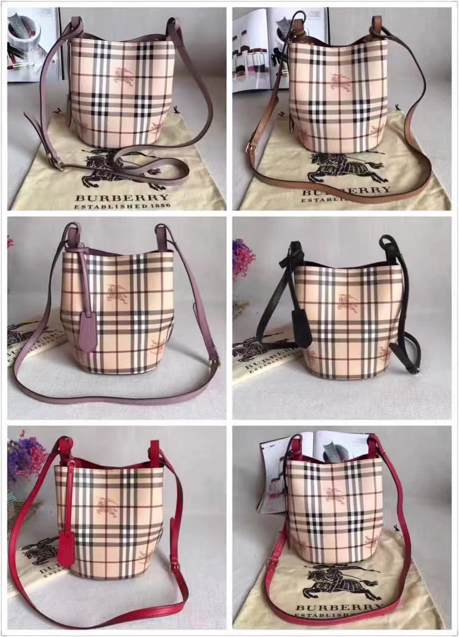 Burberry Leather and Haymarket Check Crossbody Bucket Bag Black