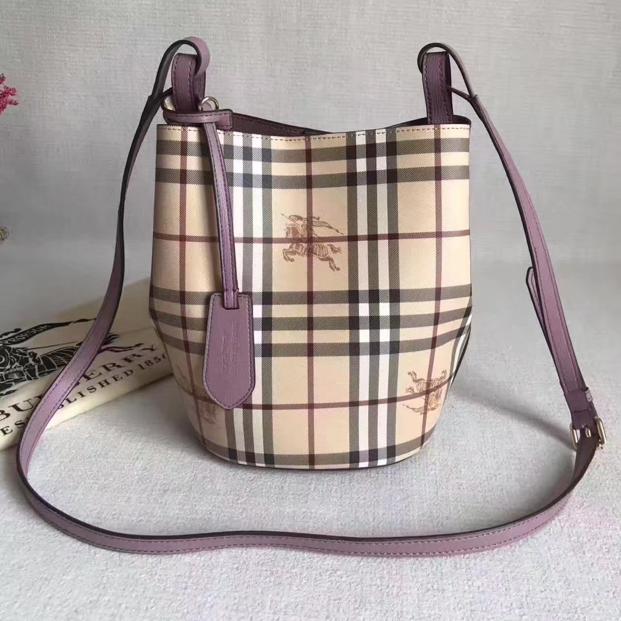 Burberry Leather and Haymarket Check Crossbody Bucket Bag Purple