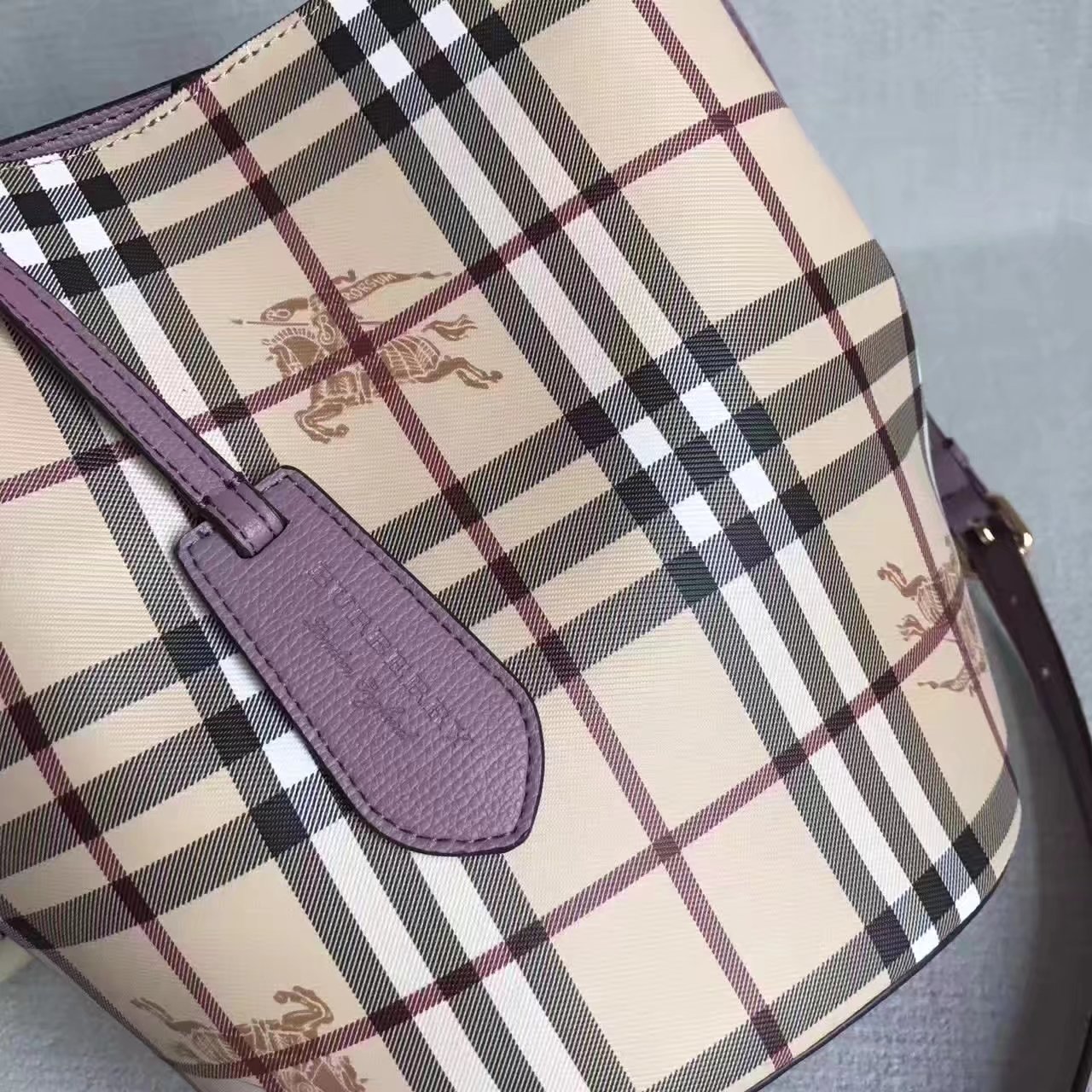 Burberry Leather and Haymarket Check Crossbody Bucket Bag Purple