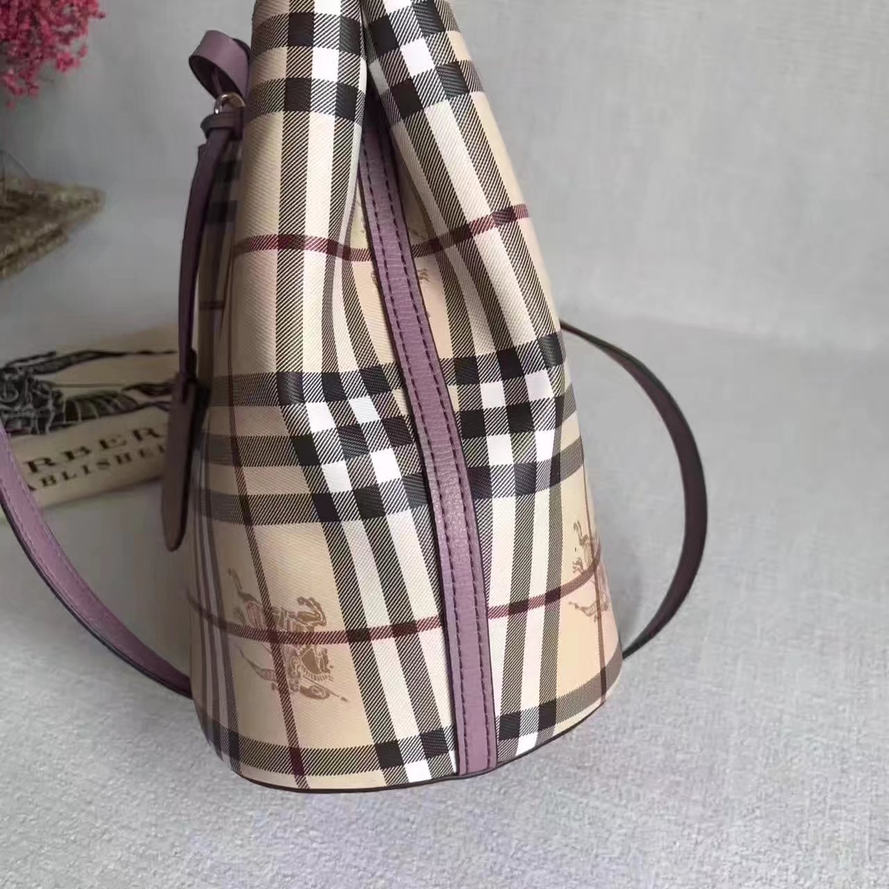 Burberry Leather and Haymarket Check Crossbody Bucket Bag Purple