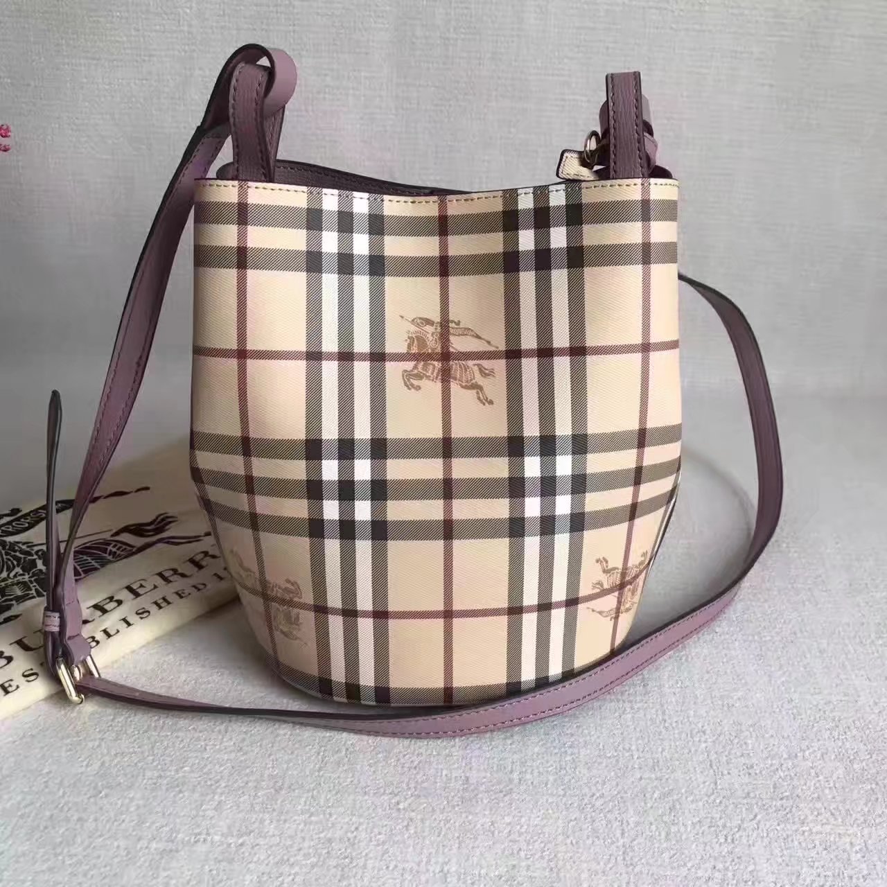 Burberry Leather and Haymarket Check Crossbody Bucket Bag Purple