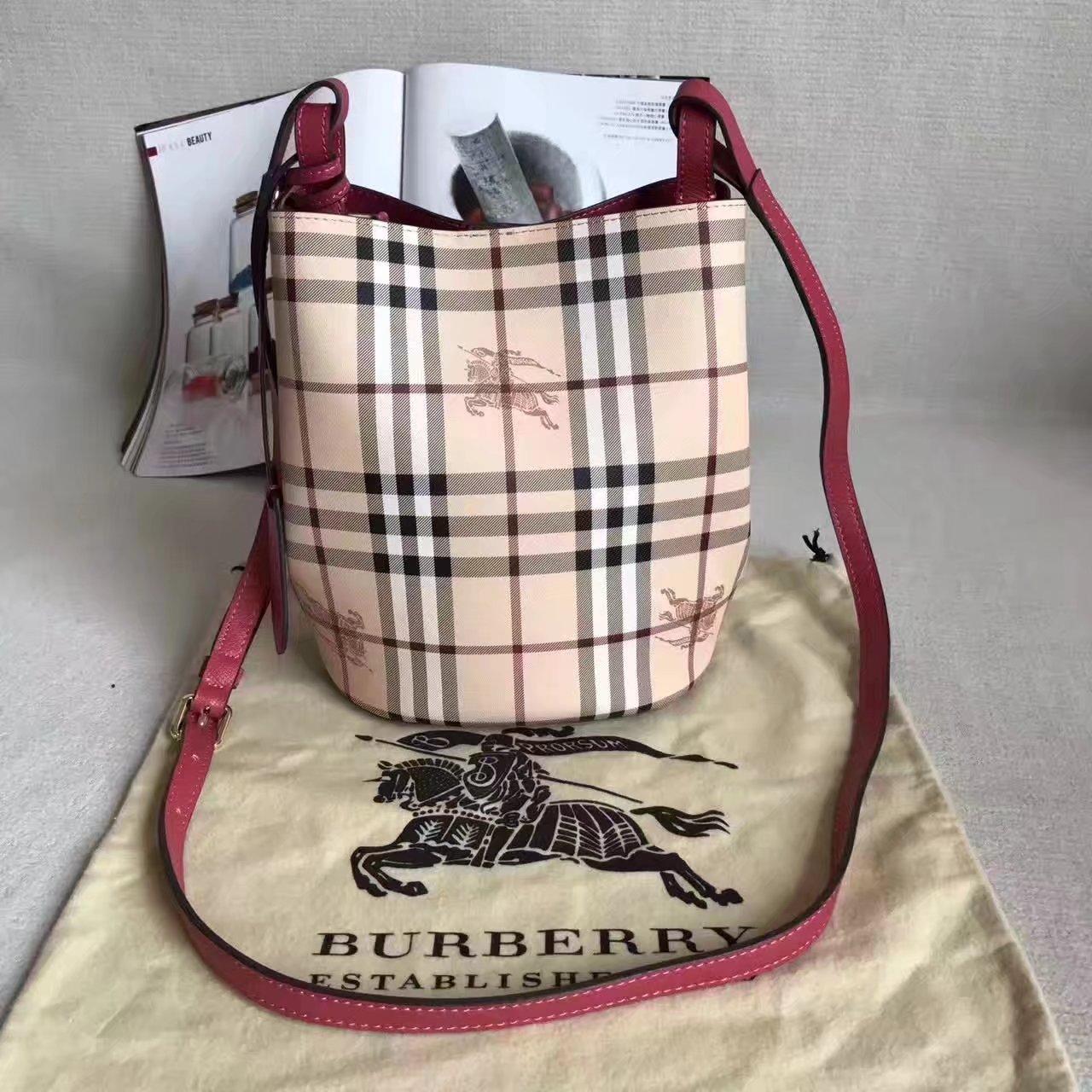 Burberry Leather and Haymarket Check Crossbody Bucket Bag Red