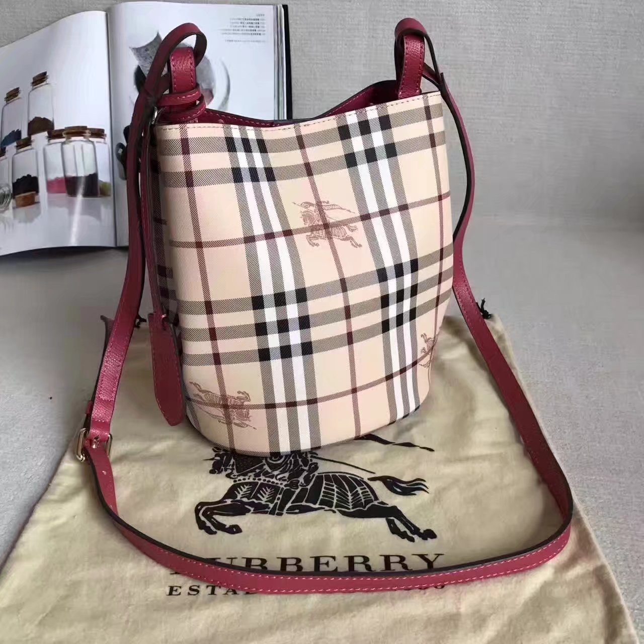 Burberry Leather and Haymarket Check Crossbody Bucket Bag Red