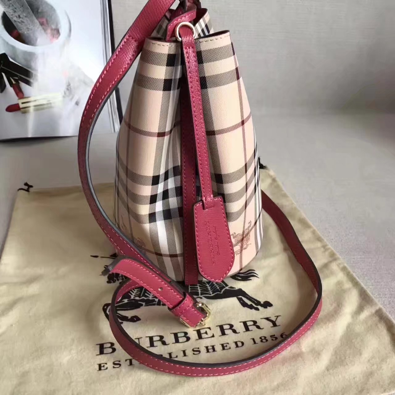 Burberry Leather and Haymarket Check Crossbody Bucket Bag Red