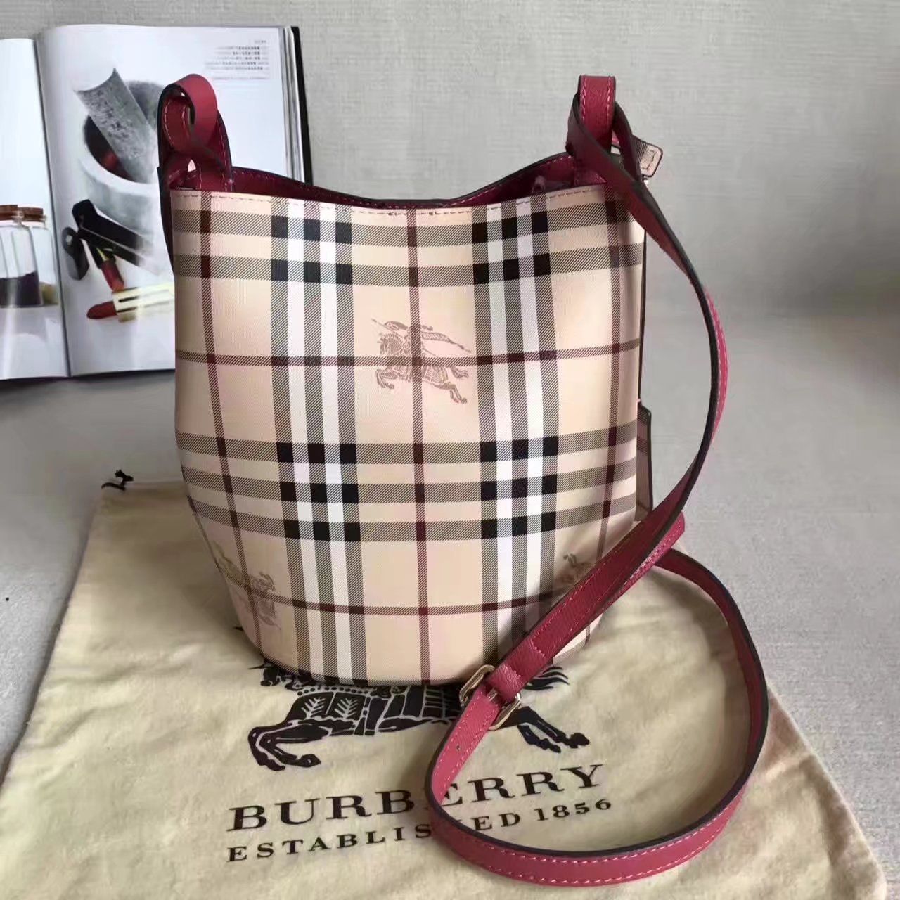 Burberry Leather and Haymarket Check Crossbody Bucket Bag Red