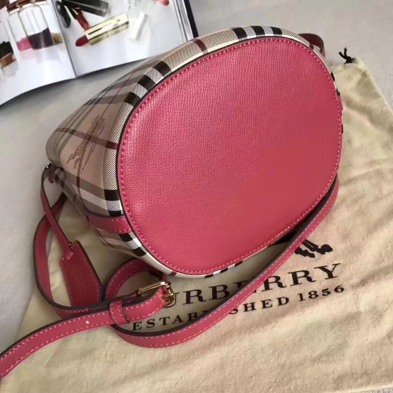 Burberry Leather and Haymarket Check Crossbody Bucket Bag Red