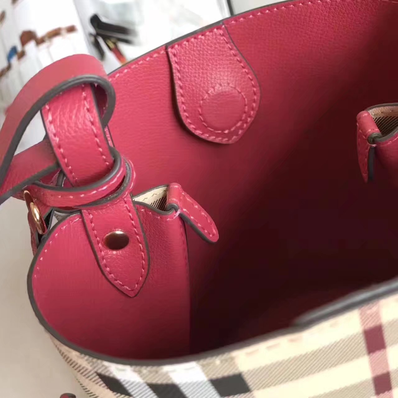 Burberry Leather and Haymarket Check Crossbody Bucket Bag Red