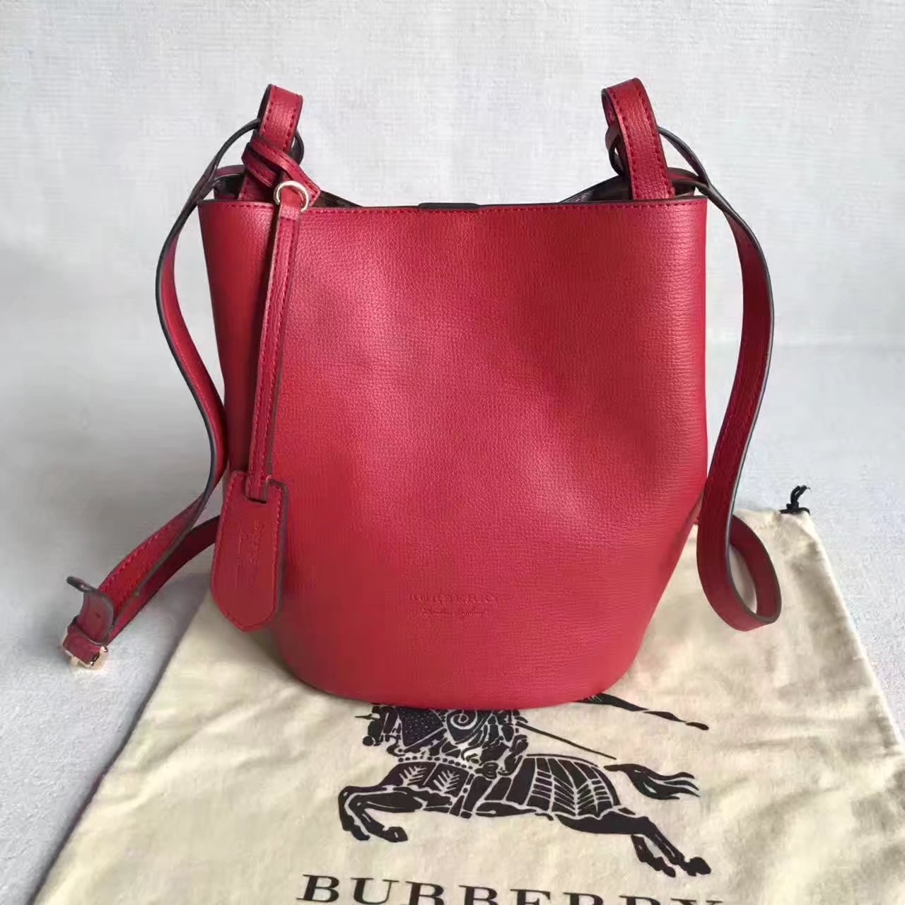 Burberry Leather and Haymarket Check Crossbody Bucket Bag Red