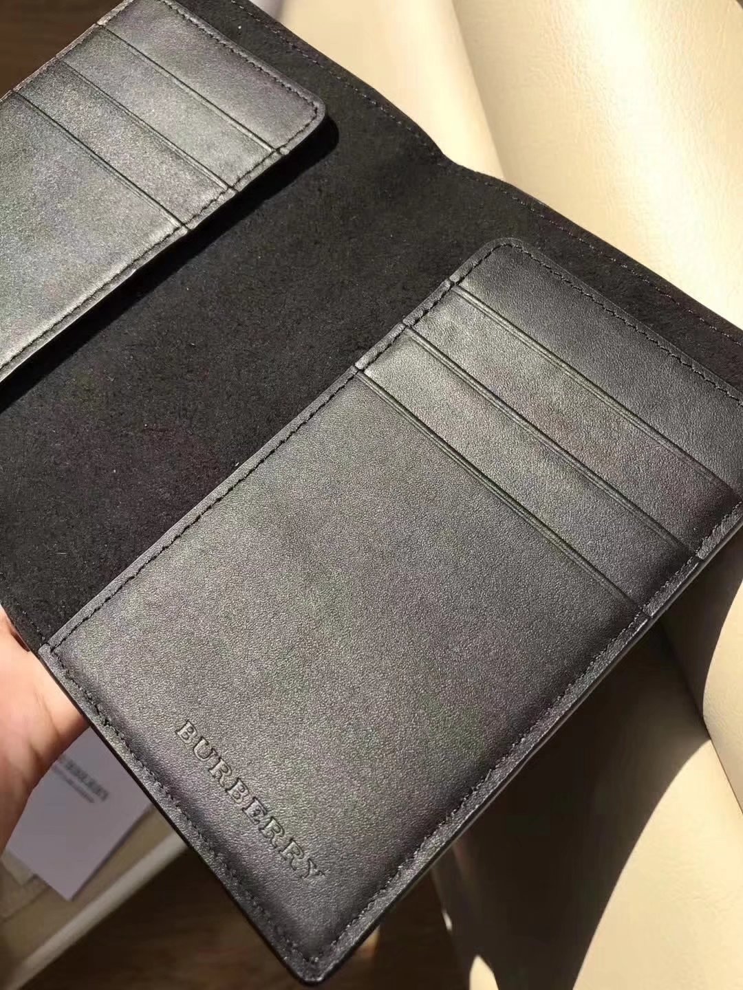 Burberry Men Black Leather Passport Case in Check