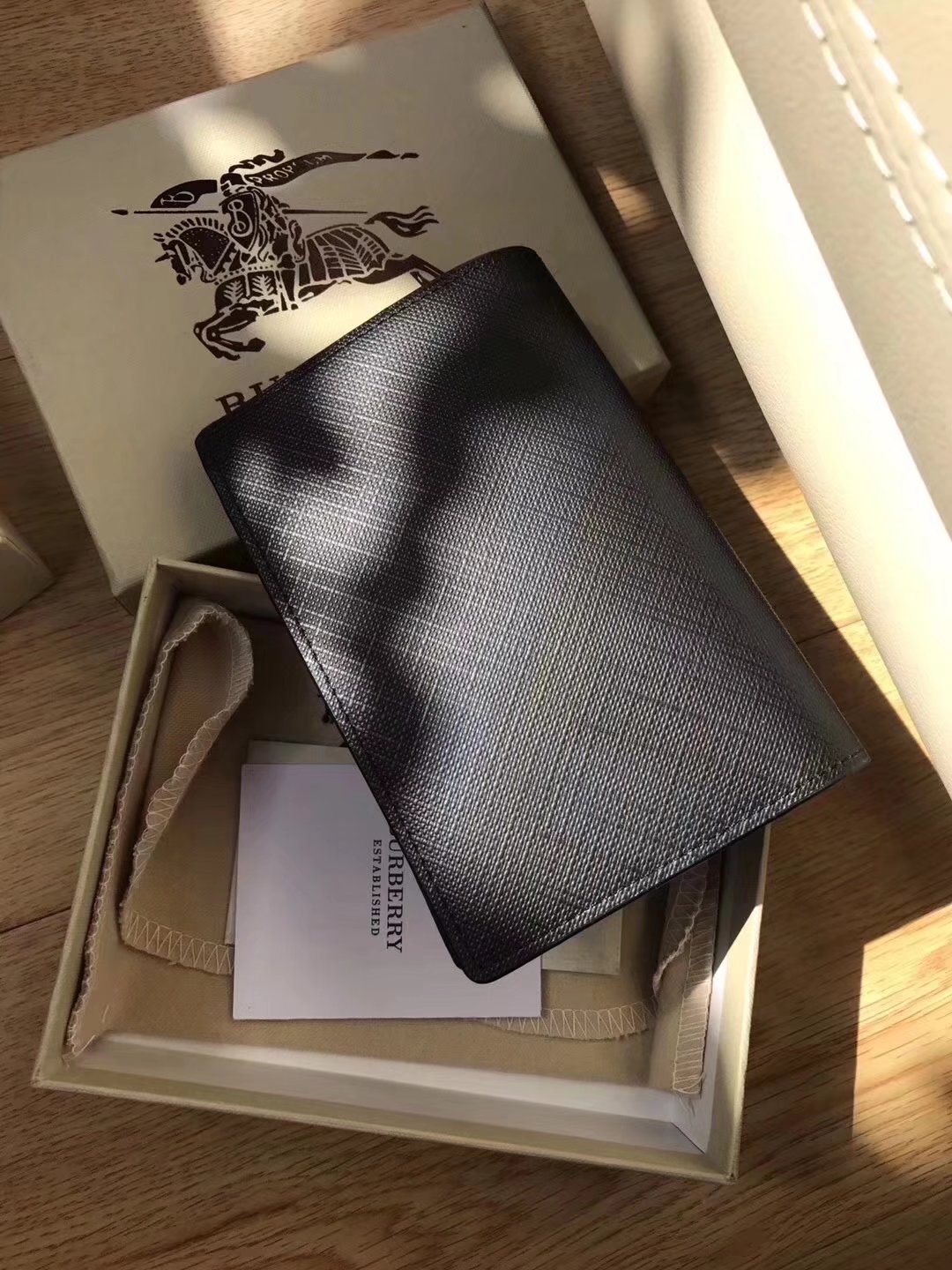 Burberry Men Leather Passport Case in Check Navy Black