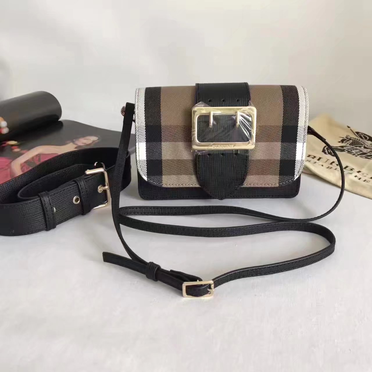 Burberry Small Buckle Shoulder Canvas Black Leather