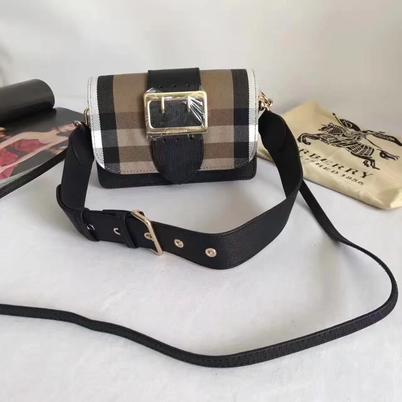 Burberry Small Buckle Shoulder Canvas Black Leather