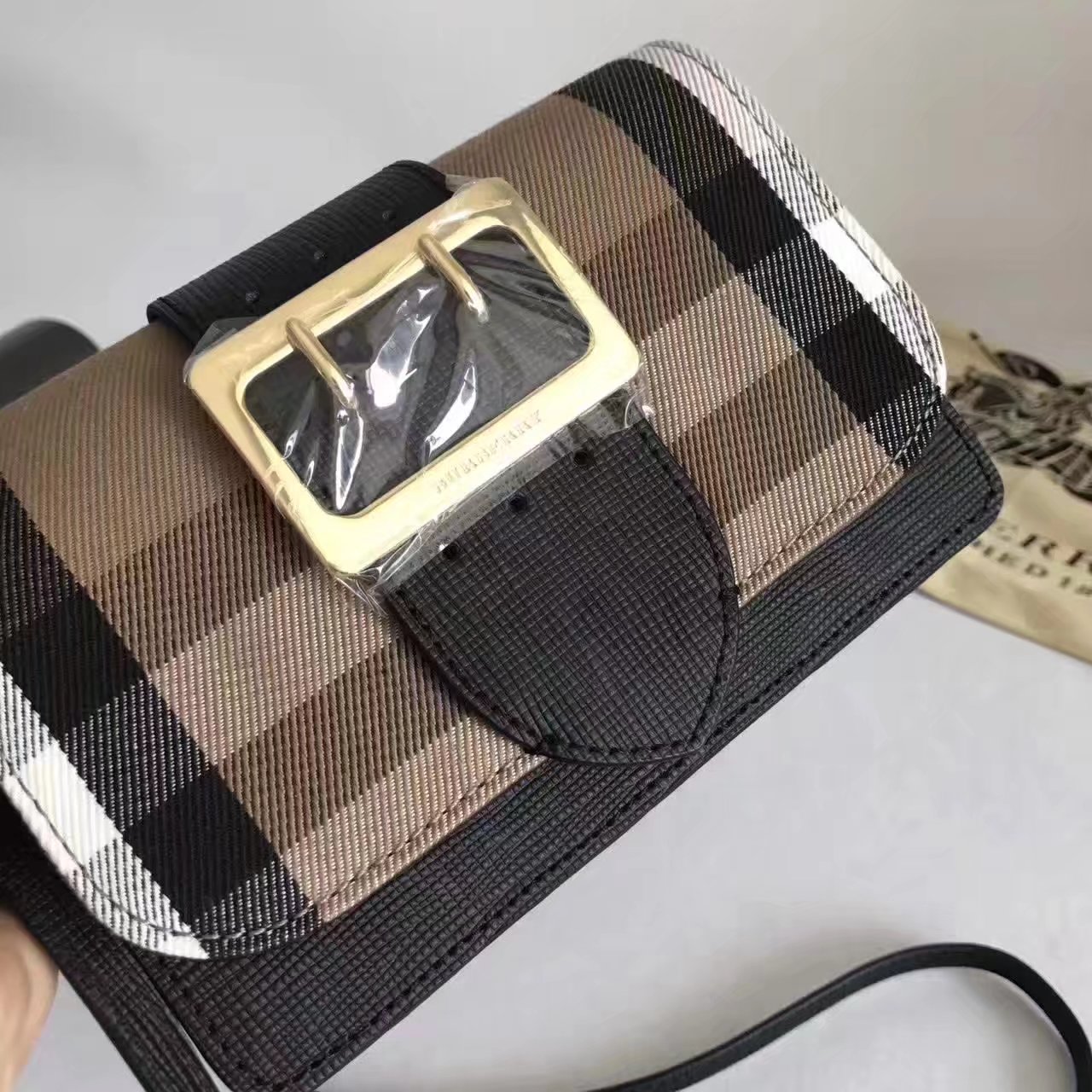 Burberry Small Buckle Shoulder Canvas Black Leather