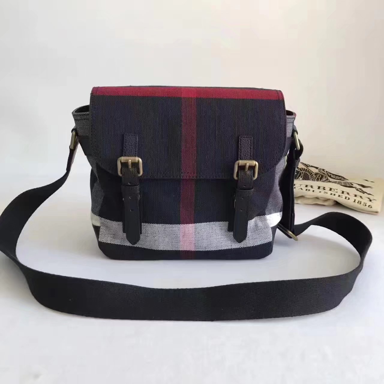 Burberry Small Canvas Check Messenger Bag Black