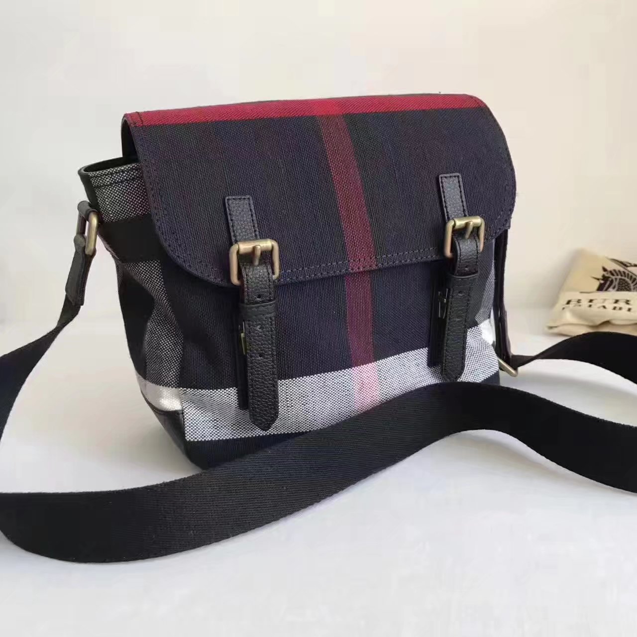 Burberry Small Canvas Check Messenger Bag Black