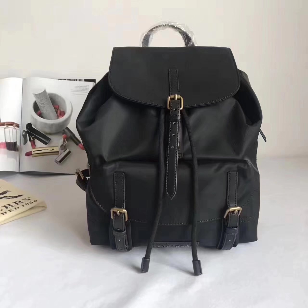 Burberry Women Backpack Nylon and Black Leather