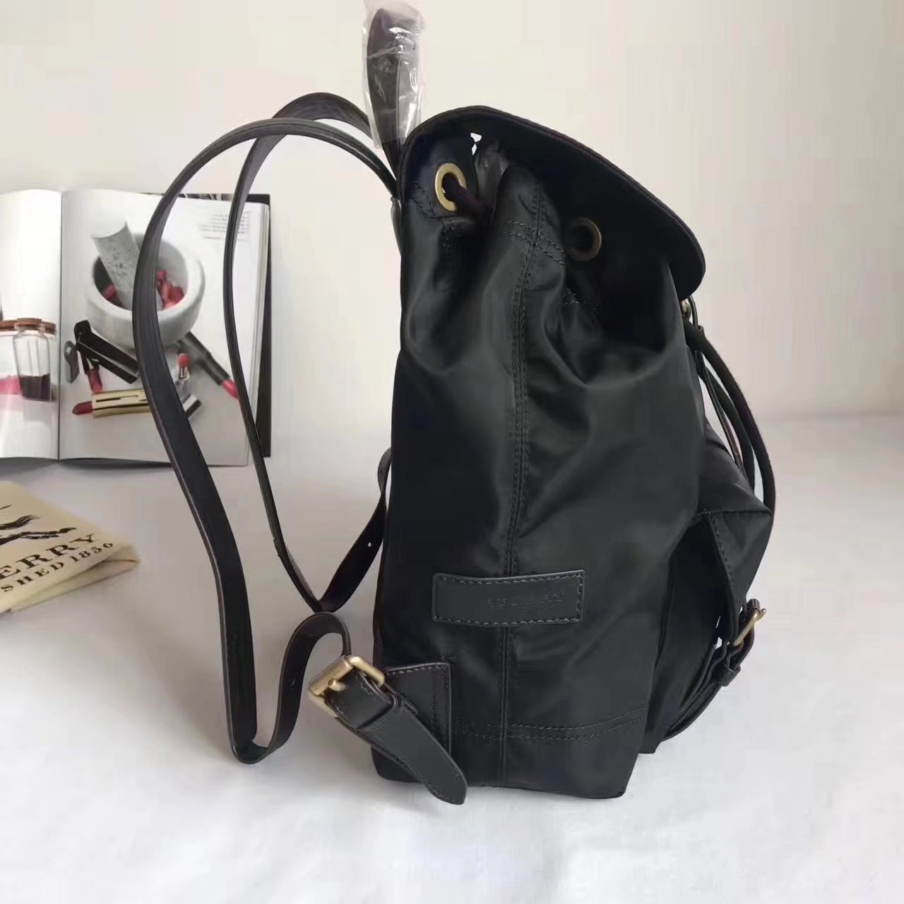 Burberry Women Backpack Nylon and Black Leather