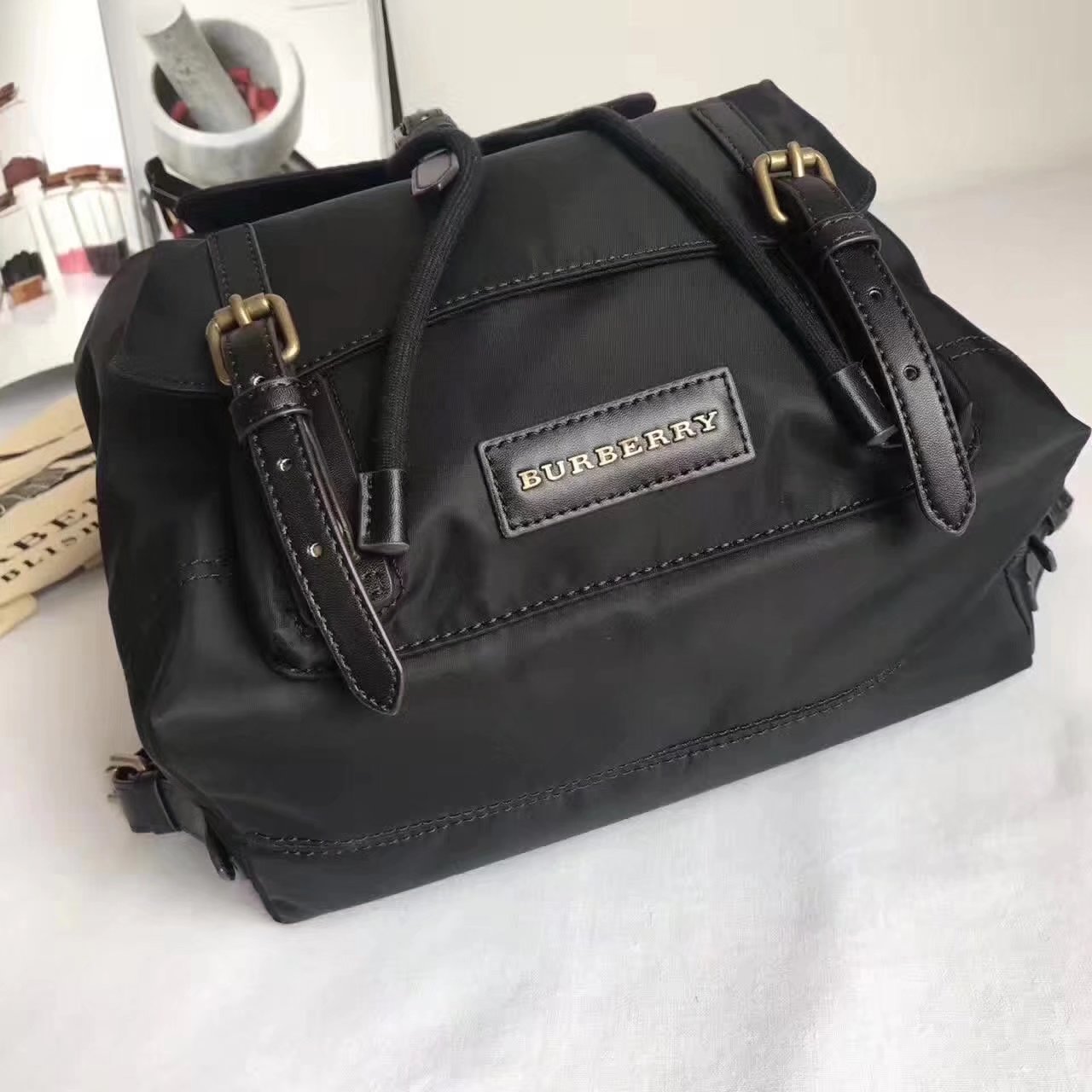 Burberry Women Backpack Nylon and Black Leather