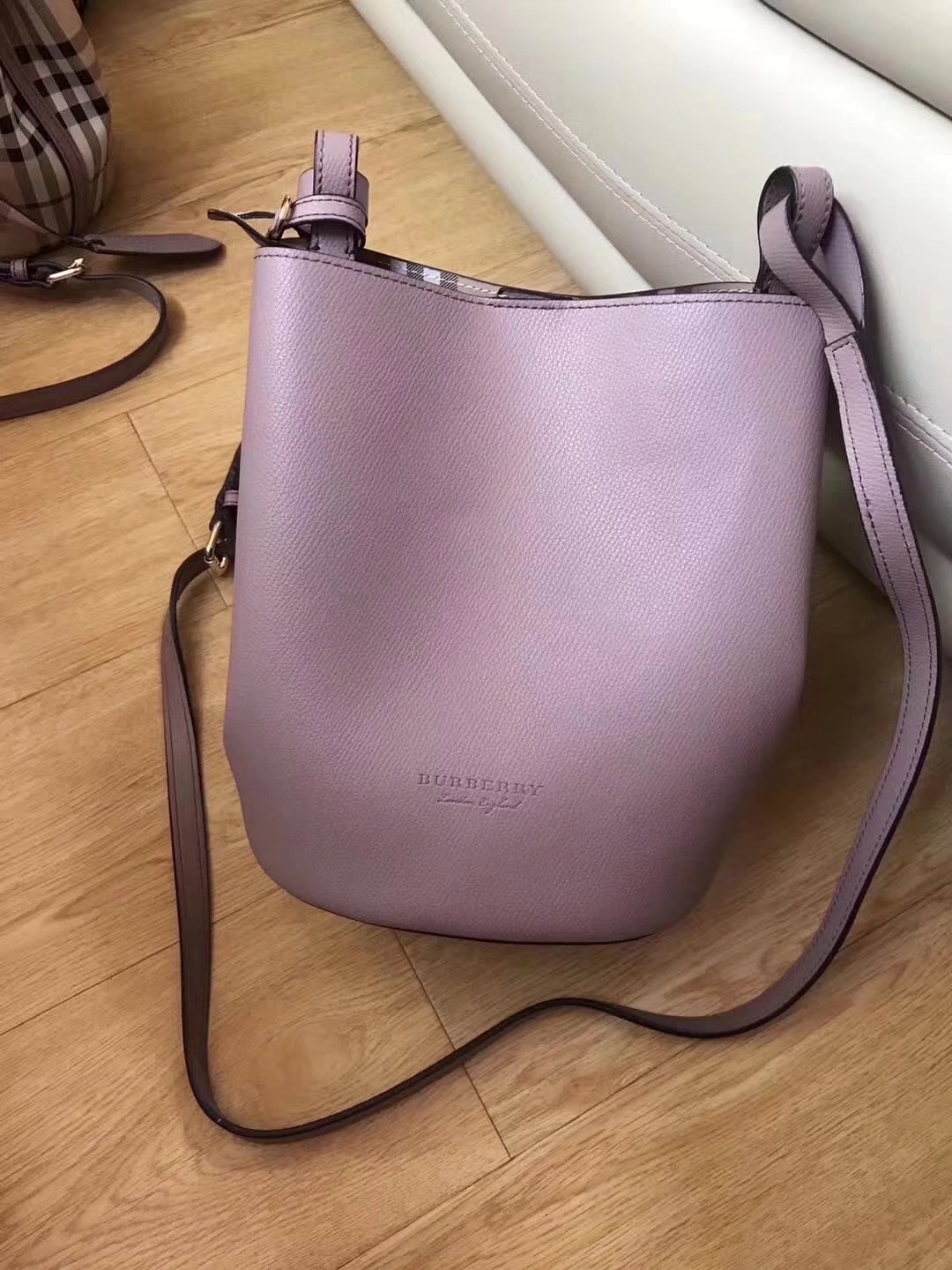 Burrberry Leather and Haymarket Check Crossbody Bucket Bag Light Elderberry