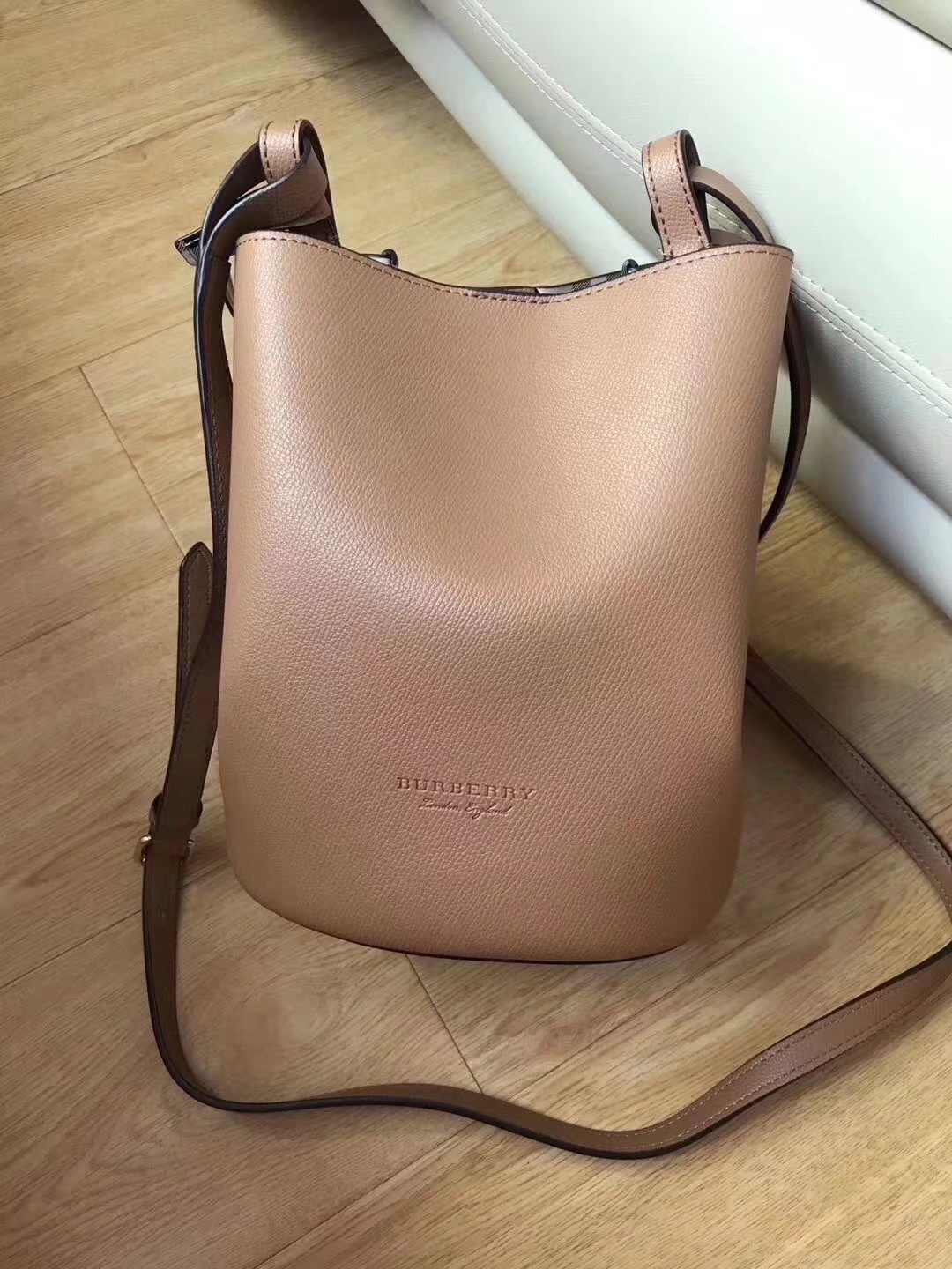 Burrberry Leather and Haymarket Check Crossbody Bucket Bag Mid Camel