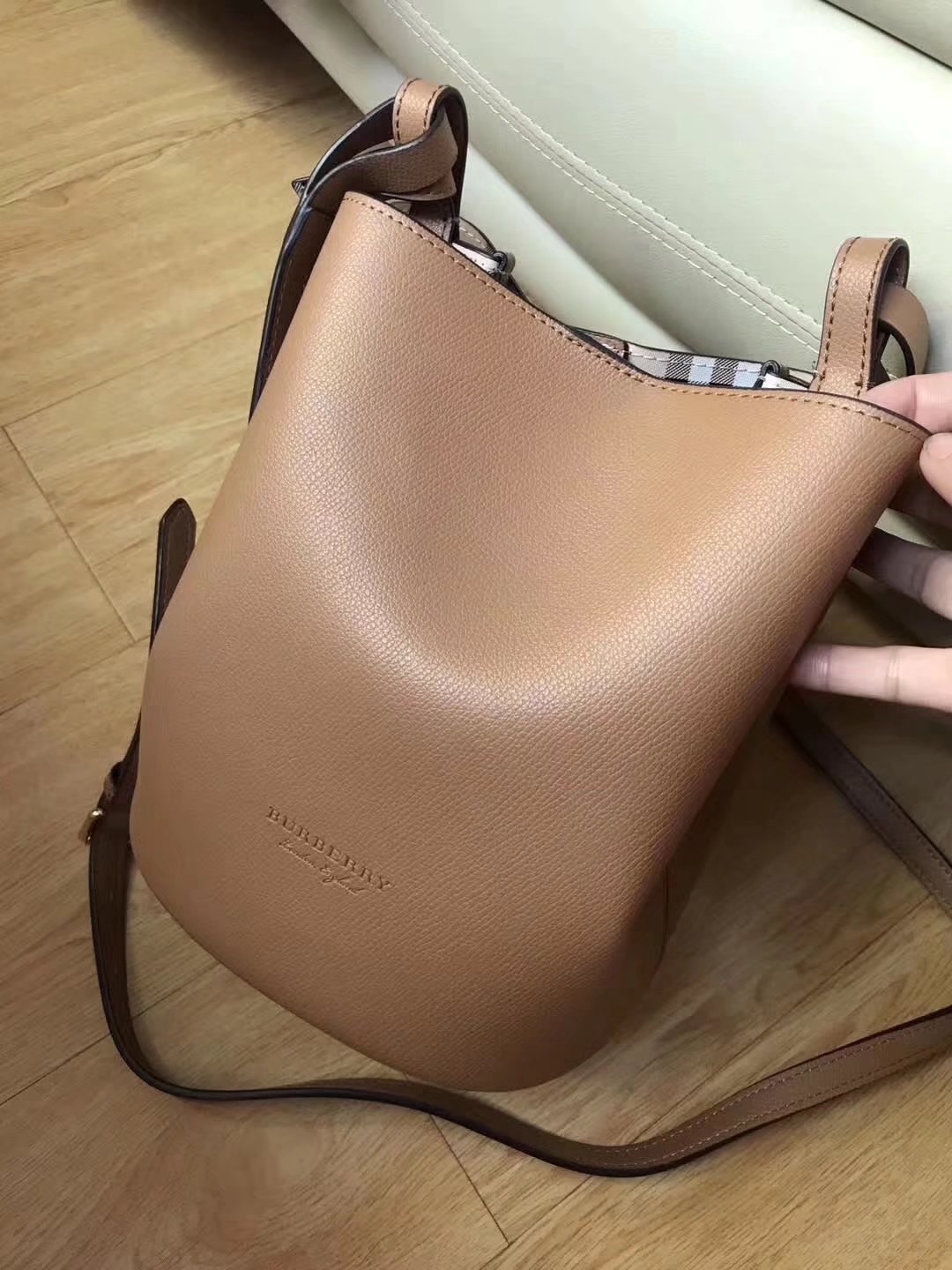 Burrberry Leather and Haymarket Check Crossbody Bucket Bag Mid Camel