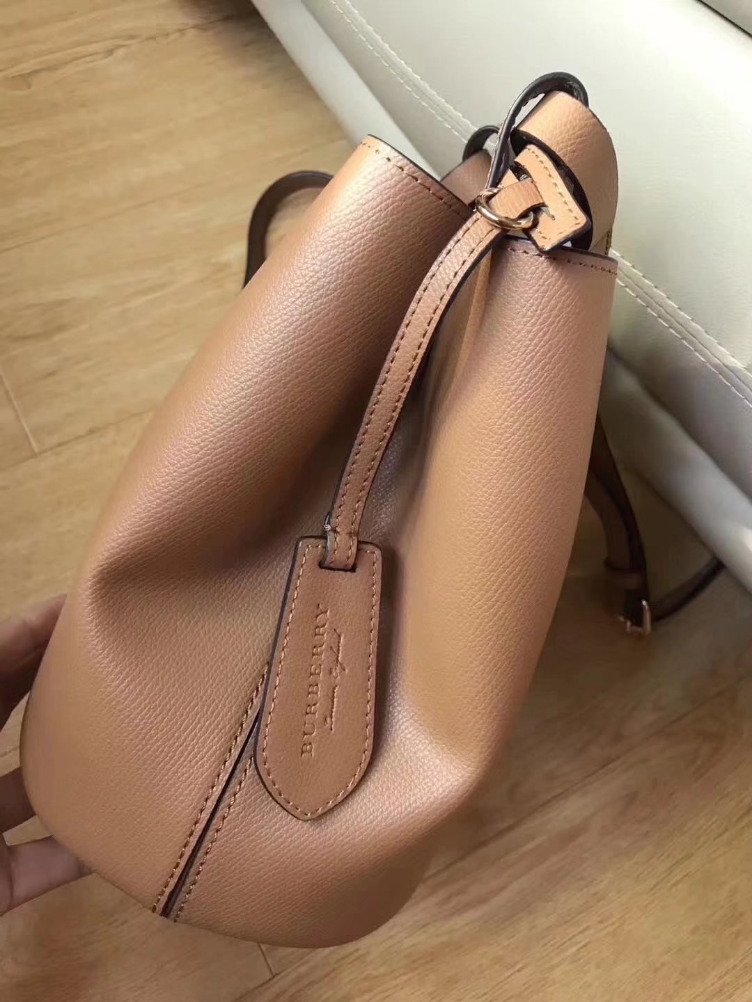 Burrberry Leather and Haymarket Check Crossbody Bucket Bag Mid Camel