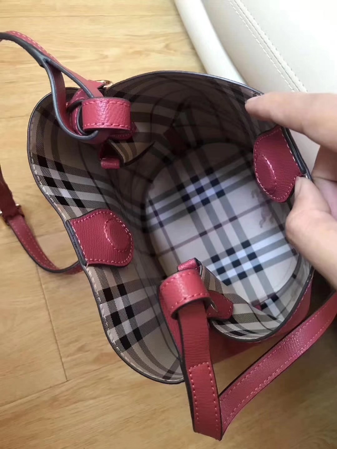 Burrberry Leather and Haymarket Check Crossbody Bucket Bag Poppy Red