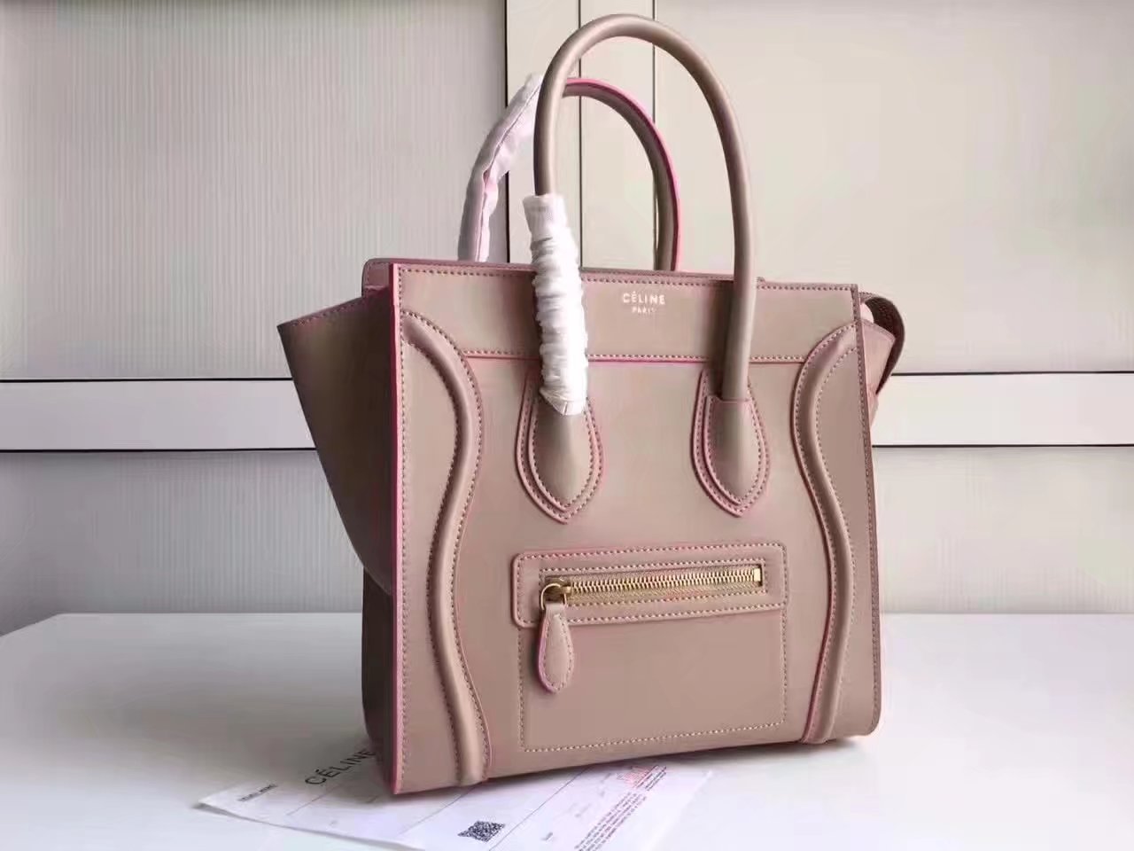 Celine Medium Micro Luggage Bag Baby Drummed Calfskin Khaki Pink