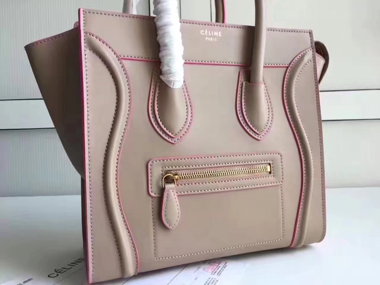 Celine Medium Micro Luggage Bag Baby Drummed Calfskin Khaki Pink