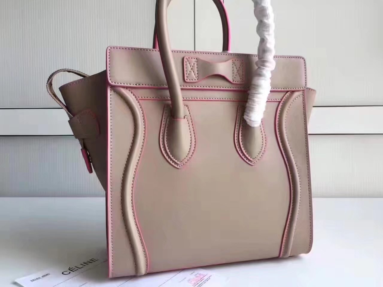 Celine Medium Micro Luggage Bag Baby Drummed Calfskin Khaki Pink