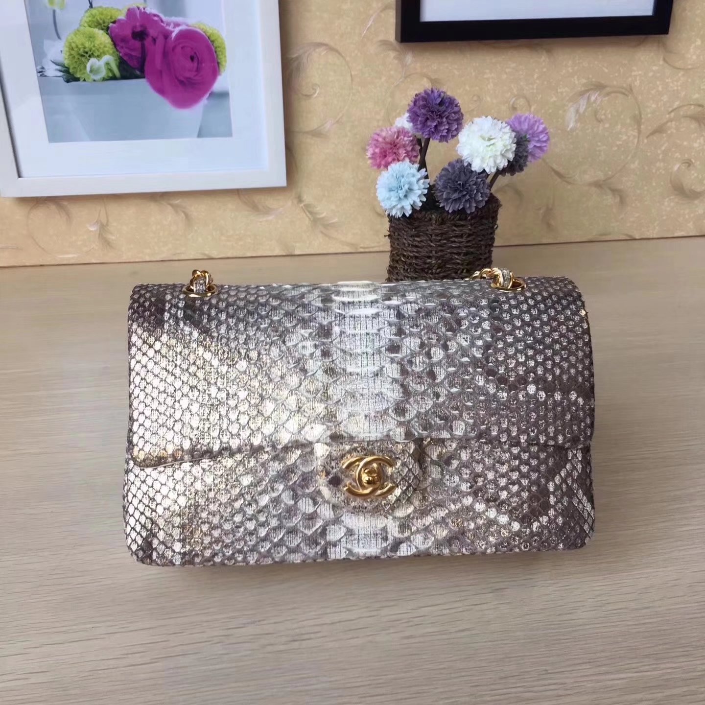 Chanel 1112 25cm Python Classic Double Flap Bag White