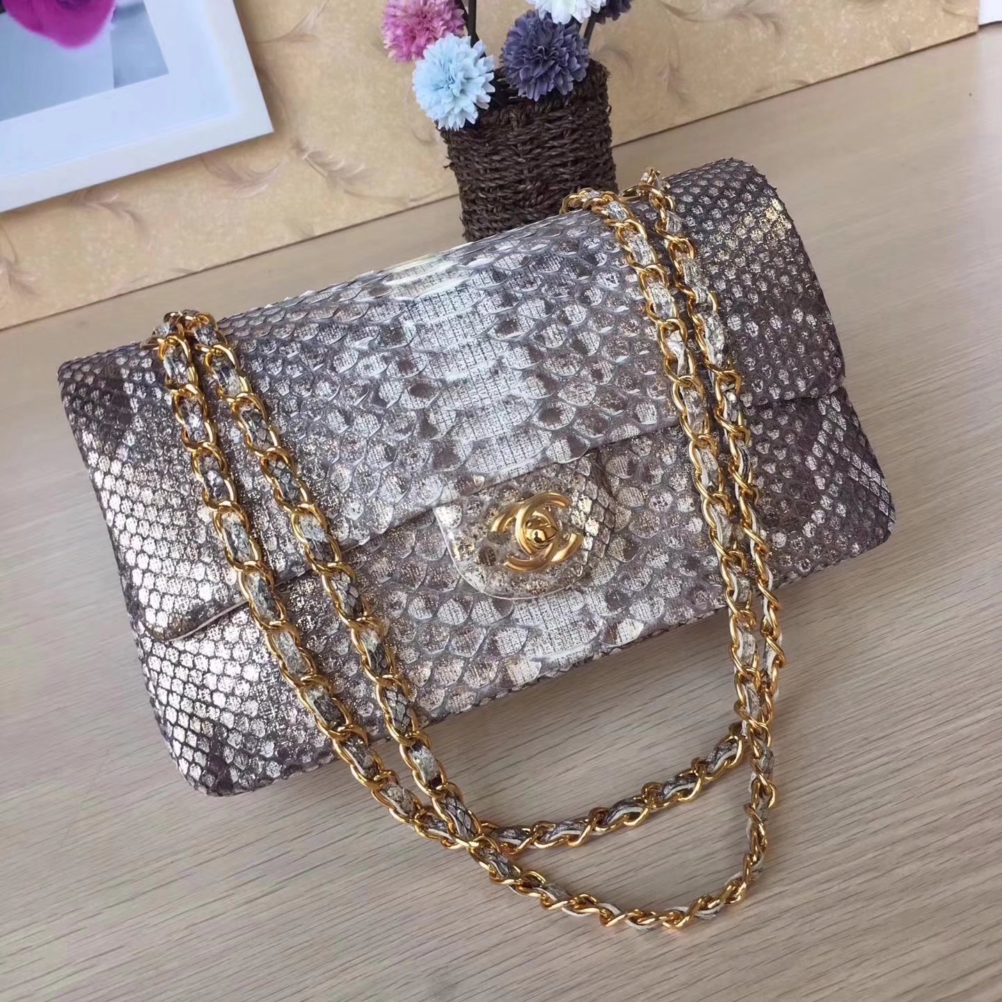 Chanel 1112 25cm Python Classic Double Flap Bag White