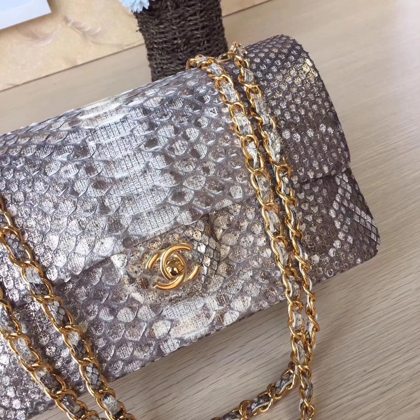 Chanel 1112 25cm Python Classic Double Flap Bag White