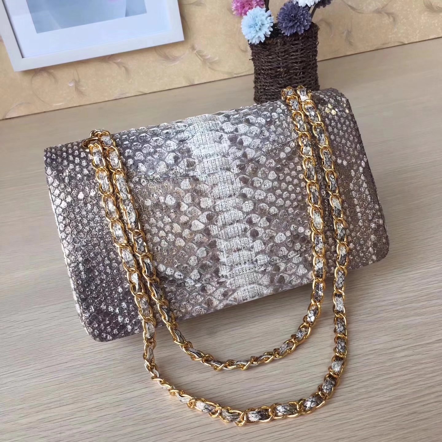 Chanel 1112 25cm Python Classic Double Flap Bag White