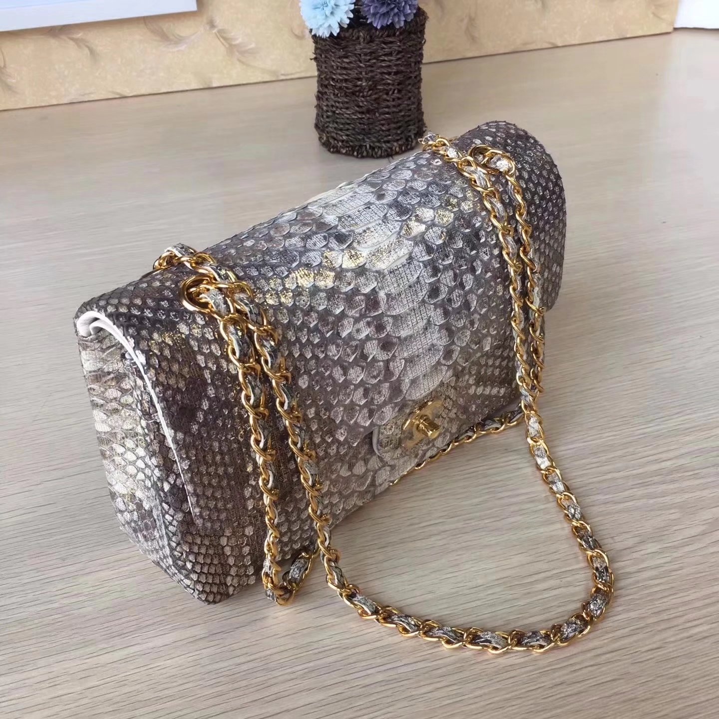 Chanel 1112 25cm Python Classic Double Flap Bag White