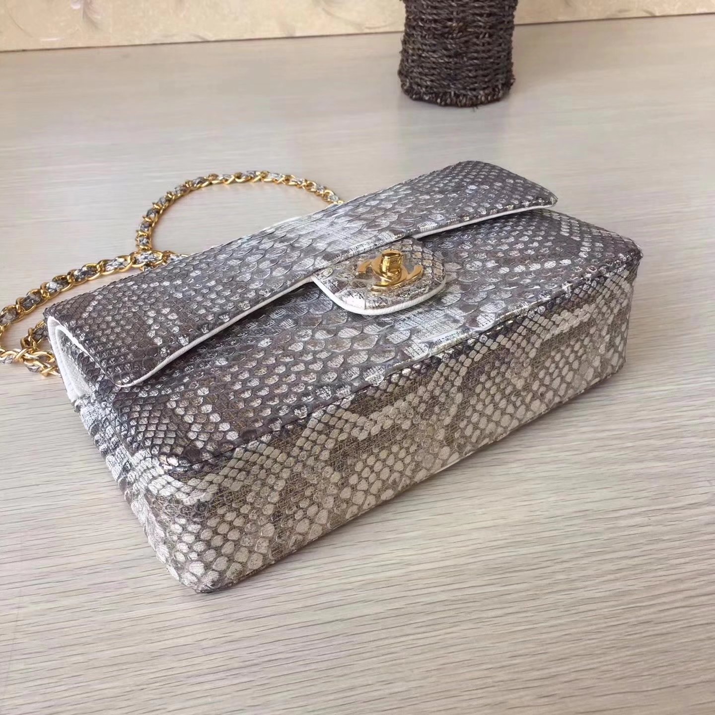 Chanel 1112 25cm Python Classic Double Flap Bag White