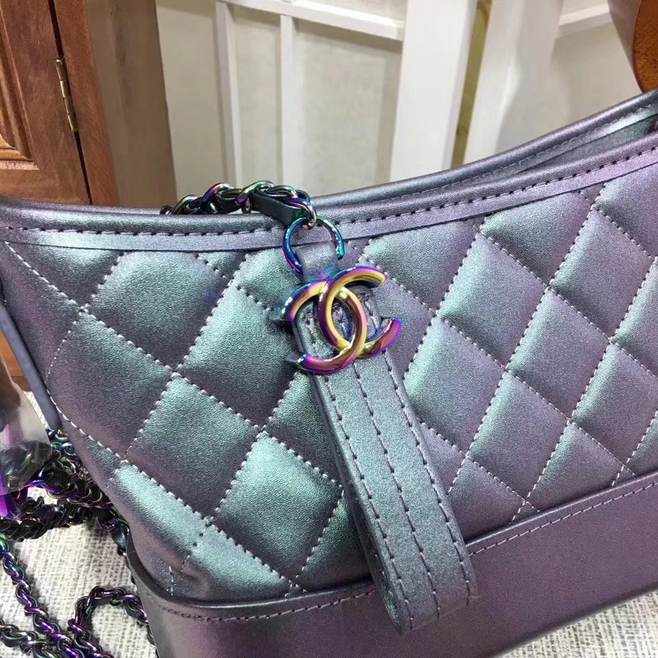 Chanel 20cm Gabrielle Hobo Bag Calfskin Iridescent Lambskin Iridescent Metal Purple