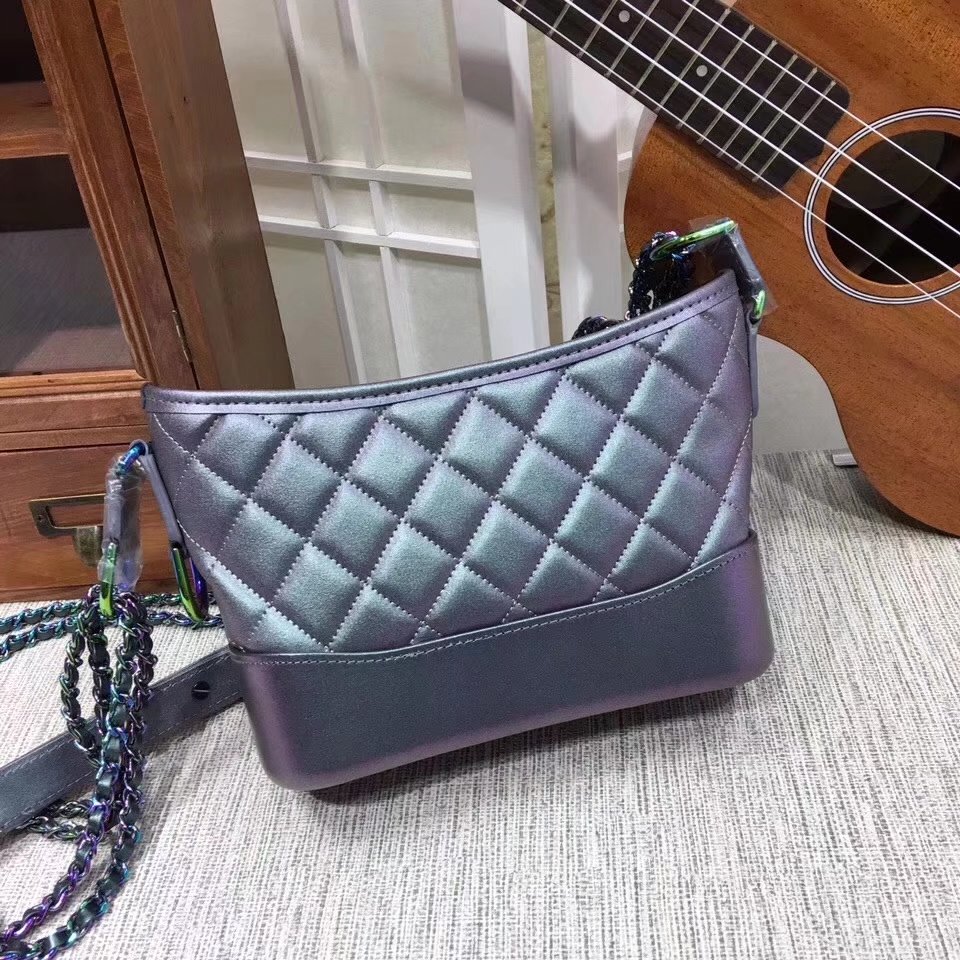 Chanel 20cm Gabrielle Hobo Bag Calfskin Iridescent Lambskin Iridescent Metal Purple