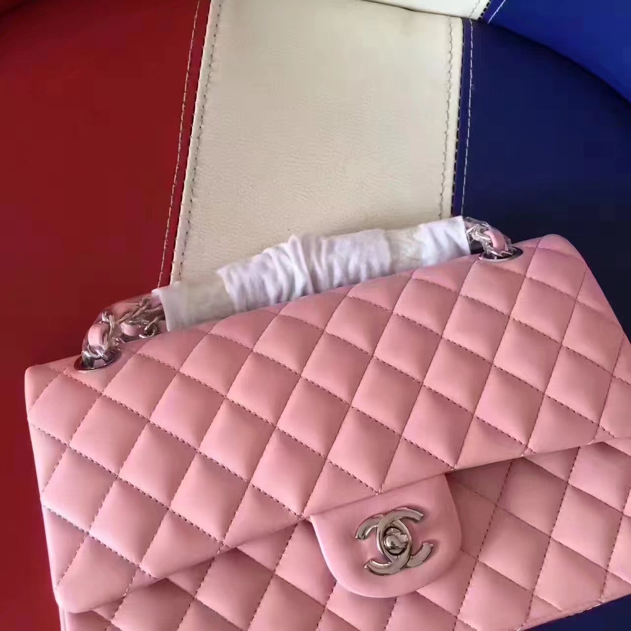 Chanel 25cm Classics Handbag Lambskin Cherry With Silver