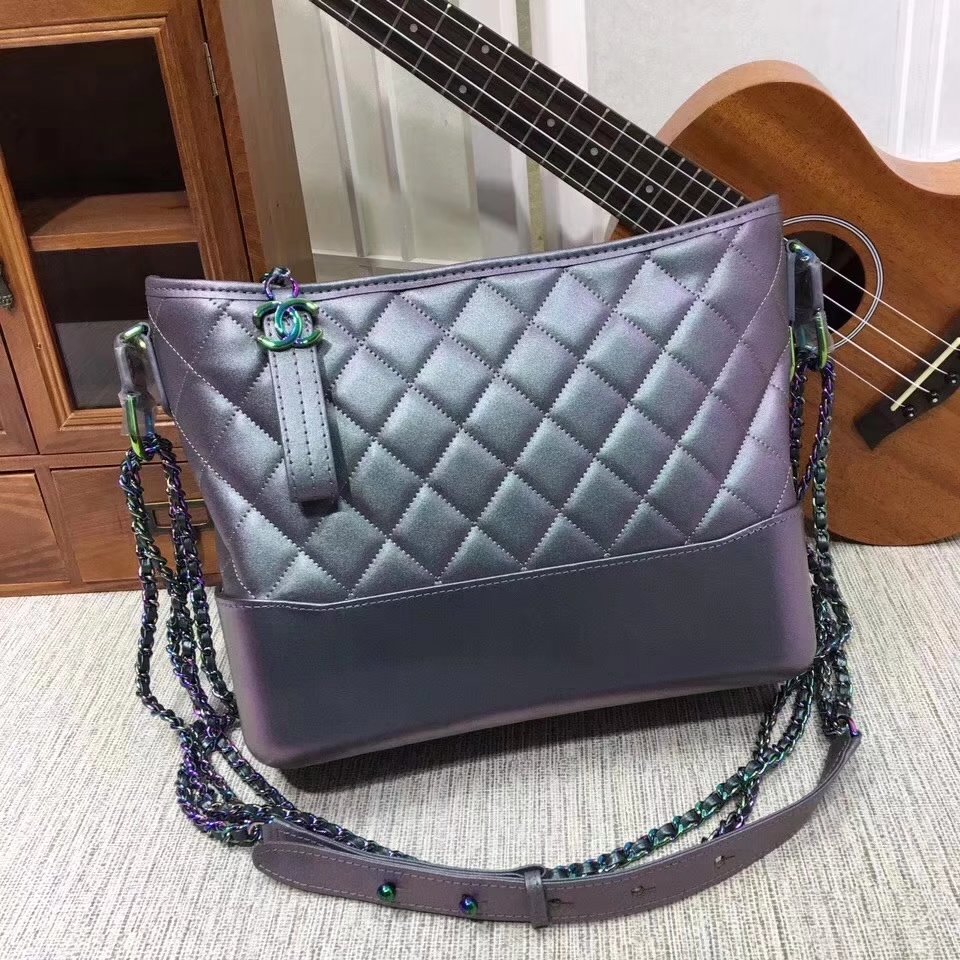 Chanel 28cm Gabrielle Hobo Bag Calfskin Iridescent Lambskin Iridescent Metal Purple