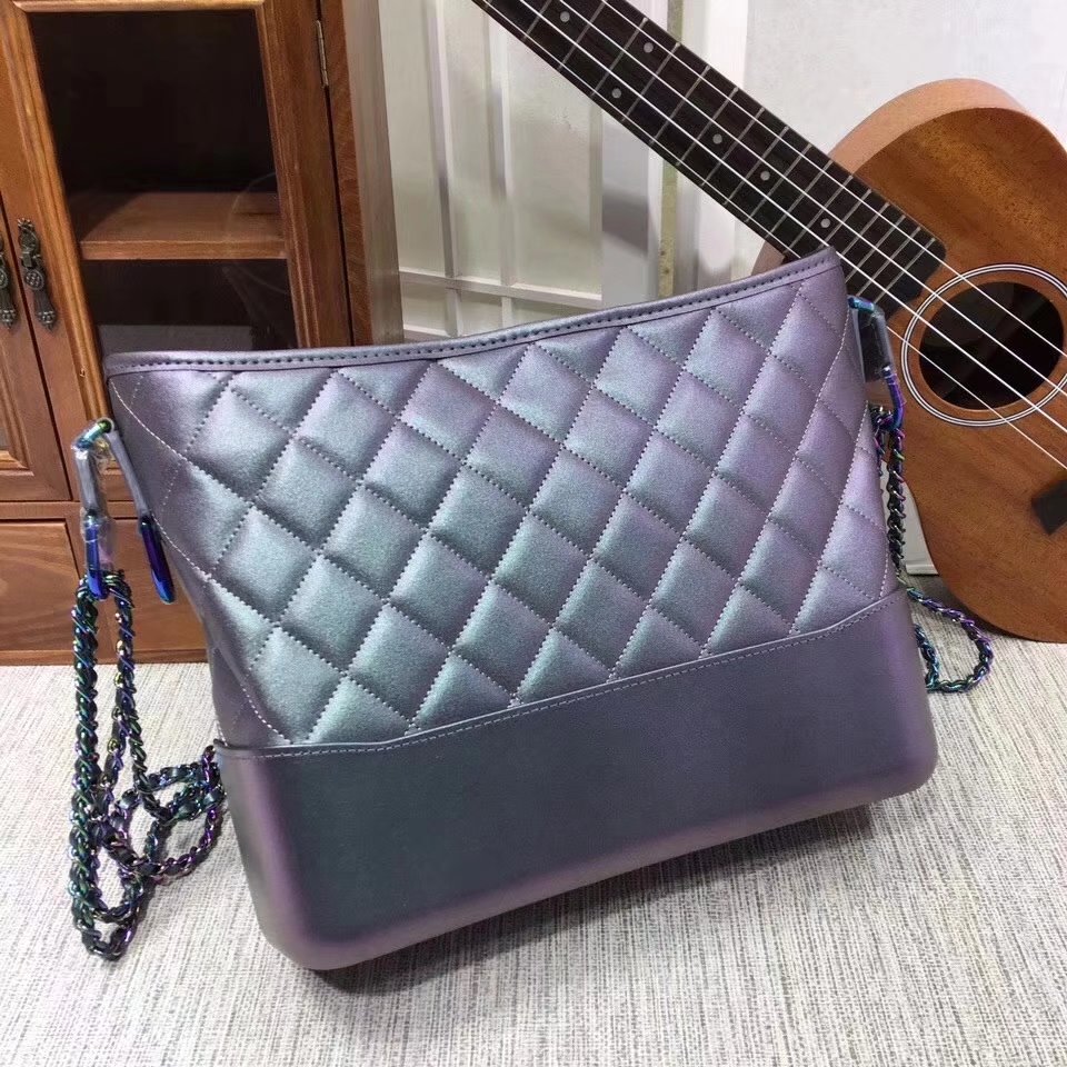 Chanel 28cm Gabrielle Hobo Bag Calfskin Iridescent Lambskin Iridescent Metal Purple