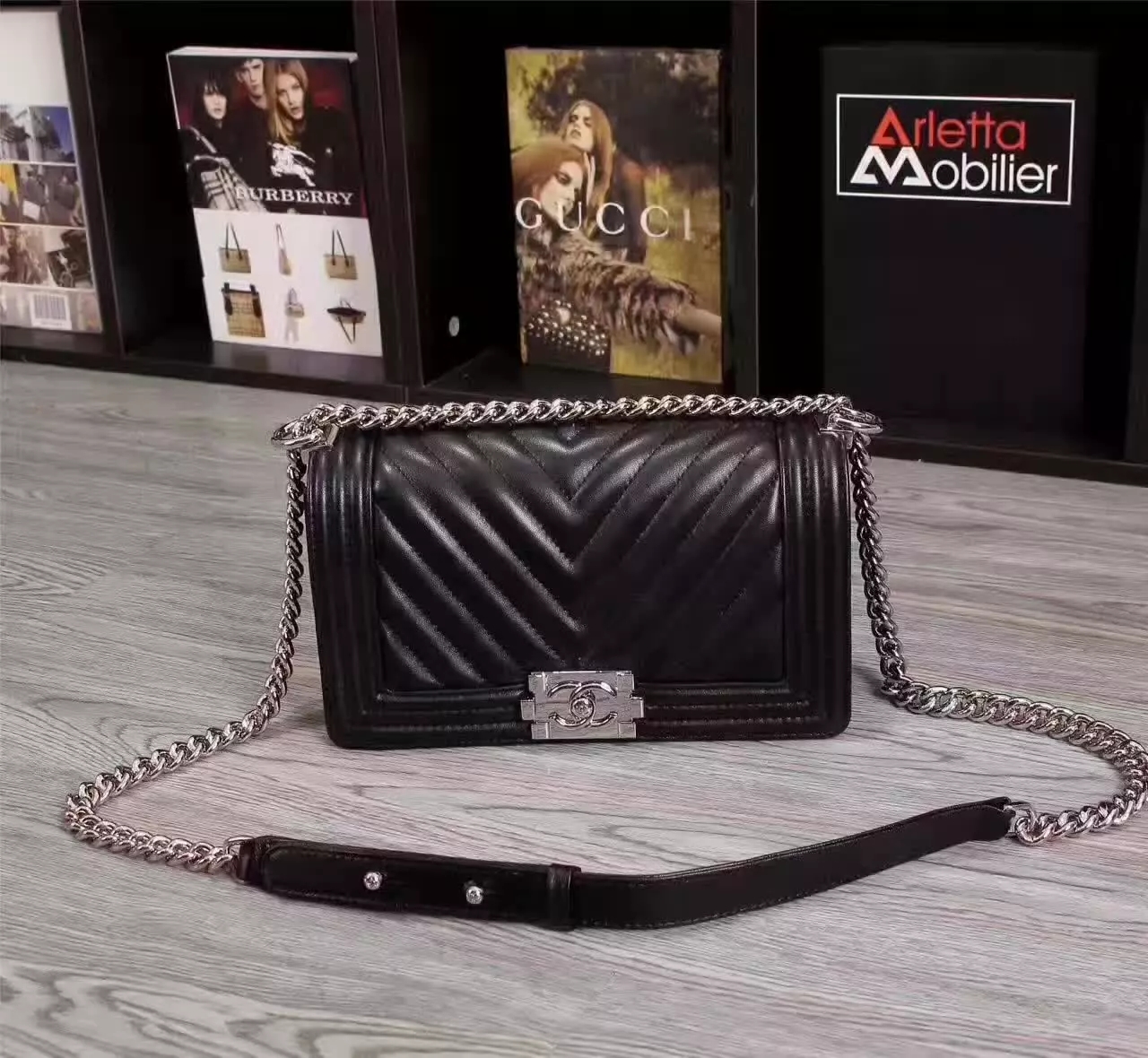 Chanel 6065 Sheepskin Chain Shoulder Bag Leather Black