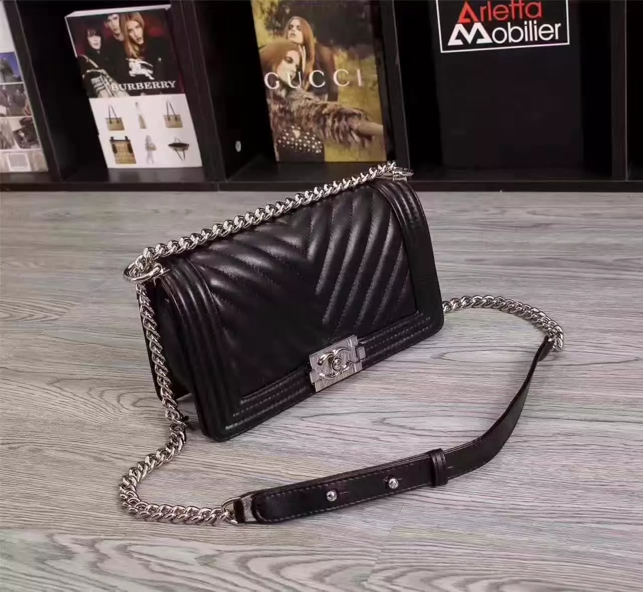 Chanel 6065 Sheepskin Chain Shoulder Bag Leather Black