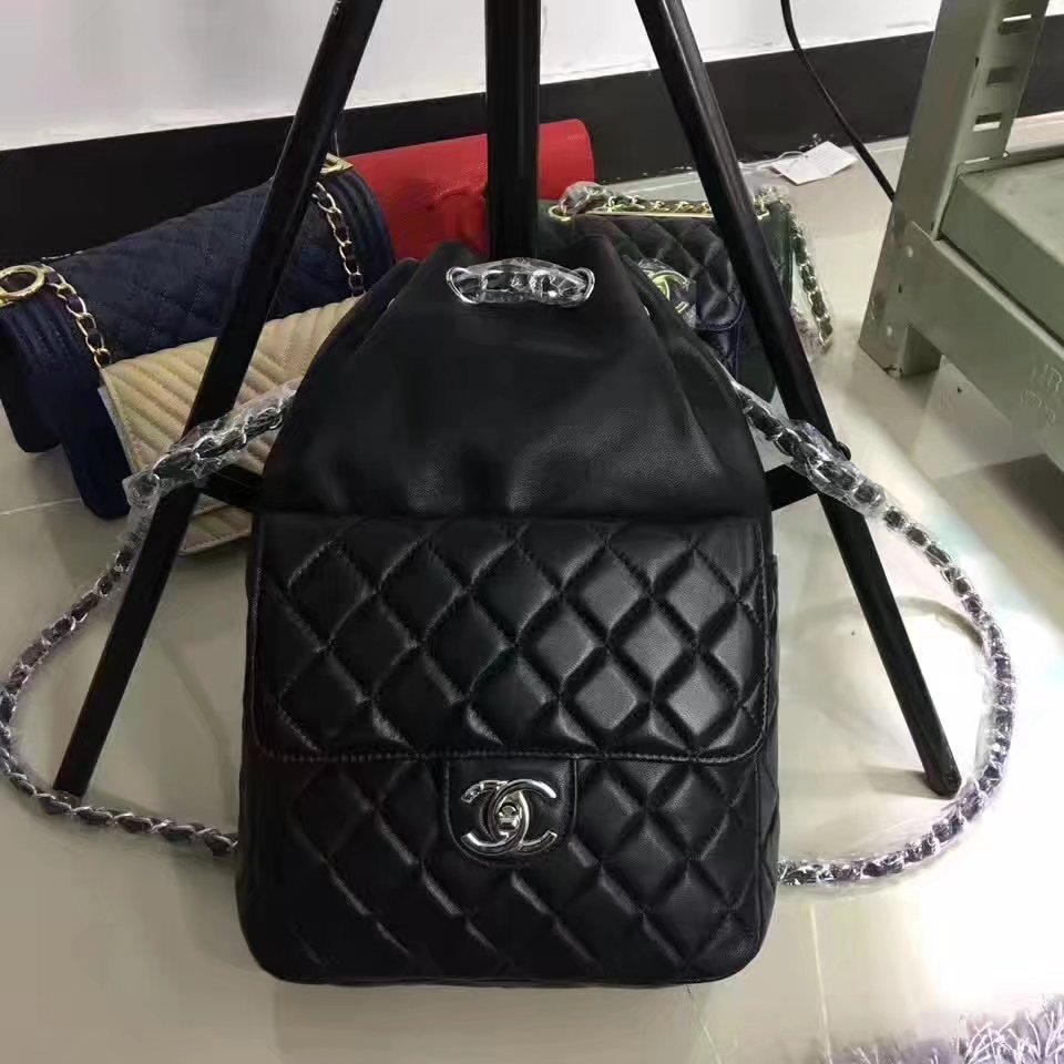 Chanel 7013 Backpack Balck Leather Silver